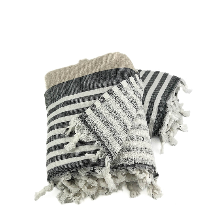 Zeep Naturals | Farmhouse Towels Natural Black and White Stripe | Catskills-inspired artisan natural soaps, luxurious Turkish towels, bathrobes, throws, and bedding. Discover handmade coffee cups, milk dispensers, and olive wood kitchen utensils—crafted with care for your home