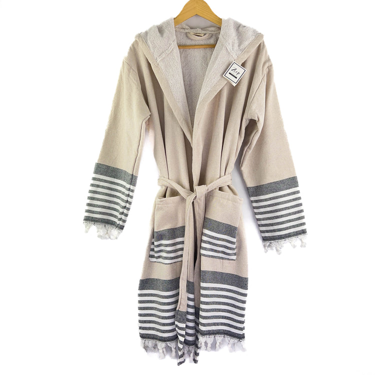 Zeep Naturals | Farmhouse Bathrobes Natural Black and White Stripe | Catskills-inspired artisan natural soaps, luxurious Turkish towels, bathrobes, throws, and bedding. Discover handmade coffee cups, milk dispensers, and olive wood kitchen utensils—crafted with care for your home