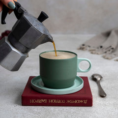 Zeep Naturals | Lydia Collection Modern Conic Coffee/Tea Cup with Saucer Sage Fern | Zeep Naturals brings you handcrafted soaps, organic cotton towels, and artisan kitchen essentials — all inspired by nature. Discover simple, sustainable living with products designed to soothe your senses and your home.