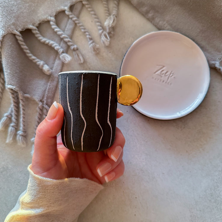 Zeep Naturals | Stoneware Handmade 2-Piece Slim Espresso Cups Irregular Stripes | Catskills-inspired artisan natural soaps, luxurious Turkish towels, bathrobes, throws, and bedding. Discover handmade coffee cups, milk dispensers, and olive wood kitchen utensils—crafted with care for your home