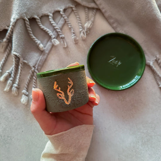 Zeep Naturals | Stoneware Handmade 2-Piece Espresso Cups Deer | Catskills-inspired artisan natural soaps, luxurious Turkish towels, bathrobes, throws, and bedding. Discover handmade coffee cups, milk dispensers, and olive wood kitchen utensils—crafted with care for your home