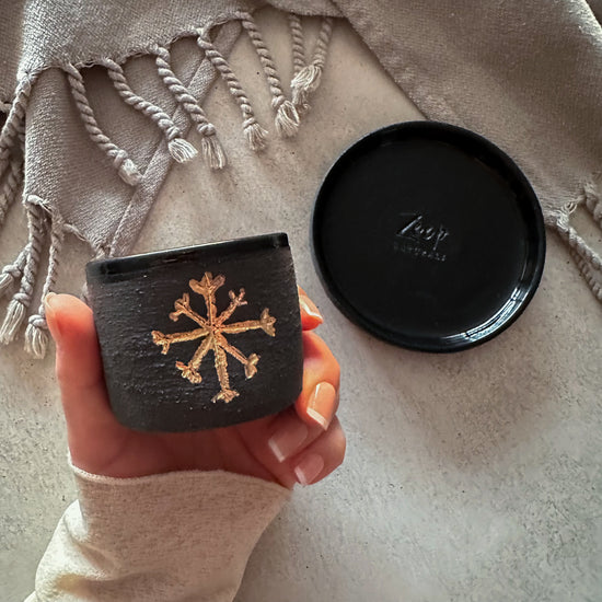 Zeep Naturals | Stoneware Handmade 2-Piece Espresso Cups Snowflake | Catskills-inspired artisan natural soaps, luxurious Turkish towels, bathrobes, throws, and bedding. Discover handmade coffee cups, milk dispensers, and olive wood kitchen utensils—crafted with care for your home