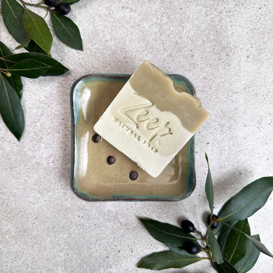 Zeep Naturals | Aegean Collection Ceramic Soap Coaster Latte Aqua | Zeep Naturals brings you handcrafted soaps, organic cotton towels, and artisan kitchen essentials — all inspired by nature. Discover simple, sustainable living with products designed to soothe your senses and your home.