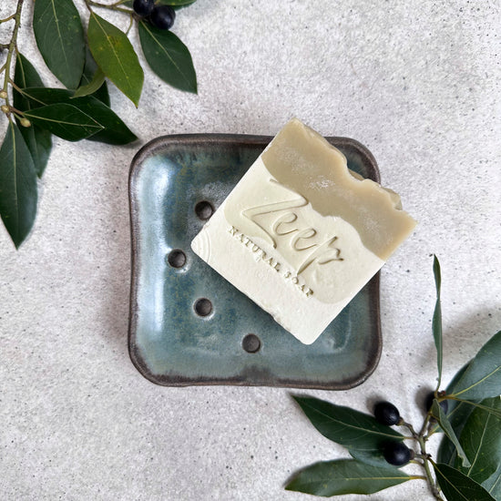 Zeep Naturals | Aegean Collection Ceramic Soap Coaster Aqua Grey | Zeep Naturals brings you handcrafted soaps, organic cotton towels, and artisan kitchen essentials — all inspired by nature. Discover simple, sustainable living with products designed to soothe your senses and your home.