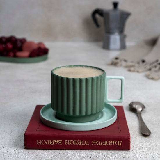 Zeep Naturals | Lydia Collection Modern Ribbed Coffee/Tea Cup with Saucer | Zeep Naturals brings you handcrafted soaps, organic cotton towels, and artisan kitchen essentials — all inspired by nature. Discover simple, sustainable living with products designed to soothe your senses and your home.