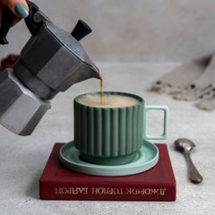 Zeep Naturals | Lydia Collection Modern Ribbed Coffee/Tea Cup with Saucer Sage Fern | Zeep Naturals brings you handcrafted soaps, organic cotton towels, and artisan kitchen essentials — all inspired by nature. Discover simple, sustainable living with products designed to soothe your senses and your home.