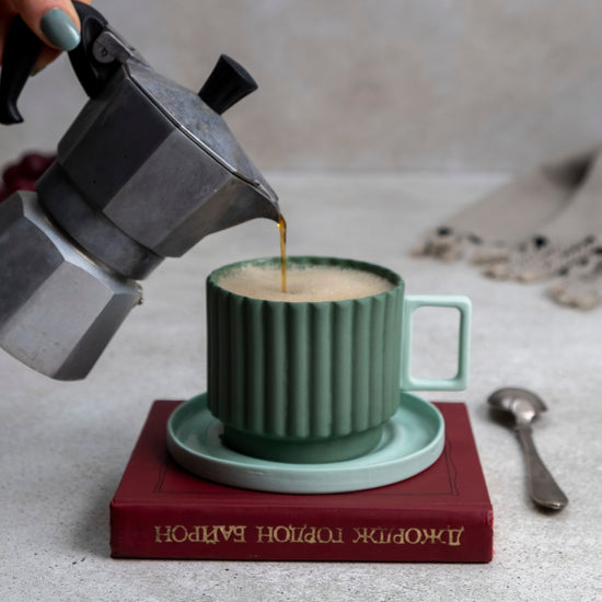 Zeep Naturals | Lydia Collection Modern Ribbed Coffee/Tea Cup with Saucer | Zeep Naturals brings you handcrafted soaps, organic cotton towels, and artisan kitchen essentials — all inspired by nature. Discover simple, sustainable living with products designed to soothe your senses and your home.