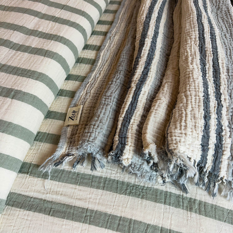 Zeep Naturals | Muslin Bedspreads/Blankets King Multi Stripe Grey | Catskills-inspired artisan natural soaps, luxurious Turkish towels, bathrobes, throws, and bedding. Discover handmade coffee cups, milk dispensers, and olive wood kitchen utensils—crafted with care for your home