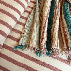Zeep Naturals | Muslin Cotton Bedspreads/Blankets Multi Stripe Spruce | Zeep Naturals brings you handcrafted soaps, organic cotton towels, and artisan kitchen essentials — all inspired by nature. Discover simple, sustainable living with products designed to soothe your senses and your home.