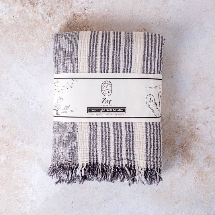 Zeep Naturals | Muslin Collection Loomlight Drift Muslin Towels Slate Grey | Zeep Naturals brings you handcrafted soaps, organic cotton towels, and artisan kitchen essentials — all inspired by nature. Discover simple, sustainable living with products designed to soothe your senses and your home.