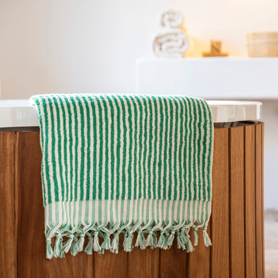 Zeep Naturals | Striped Towels Forest Bath | Catskills-inspired artisan natural soaps, luxurious Turkish towels, bathrobes, throws, and bedding. Discover handmade coffee cups, milk dispensers, and olive wood kitchen utensils—crafted with care for your home