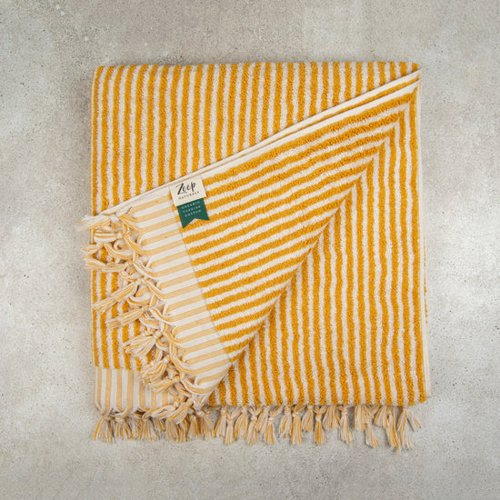 Zeep Naturals | Striped Towels Goldenrod Bath | Catskills-inspired artisan natural soaps, luxurious Turkish towels, bathrobes, throws, and bedding. Discover handmade coffee cups, milk dispensers, and olive wood kitchen utensils—crafted with care for your home