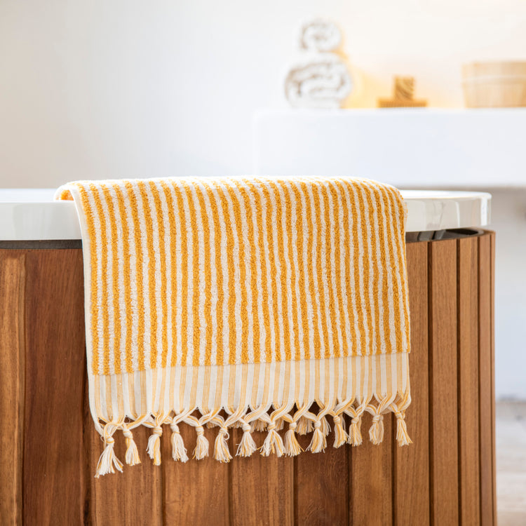 Zeep Naturals | Striped Towels Goldenrod Bath | Catskills-inspired artisan natural soaps, luxurious Turkish towels, bathrobes, throws, and bedding. Discover handmade coffee cups, milk dispensers, and olive wood kitchen utensils—crafted with care for your home