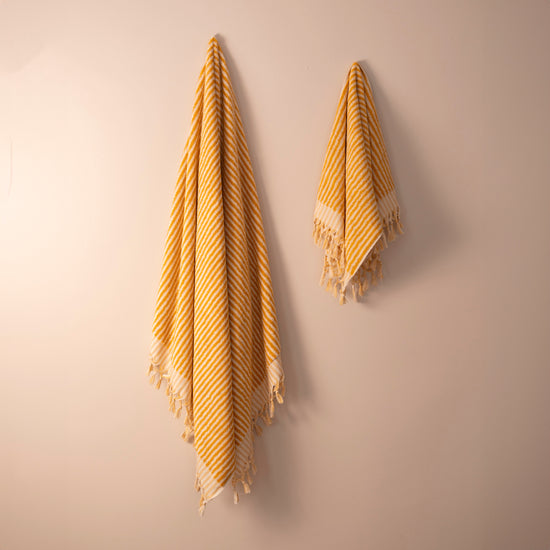 Zeep Naturals | Striped Towels Goldenrod Set | Catskills-inspired artisan natural soaps, luxurious Turkish towels, bathrobes, throws, and bedding. Discover handmade coffee cups, milk dispensers, and olive wood kitchen utensils—crafted with care for your home