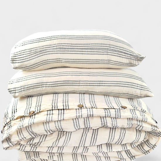 Zeep Naturals | Thin Striped Muslin Duvet/Comforter Sets Flint Gray | Catskills-inspired artisan natural soaps, luxurious Turkish towels, bathrobes, throws, and bedding. Discover handmade coffee cups, milk dispensers, and olive wood kitchen utensils—crafted with care for your home