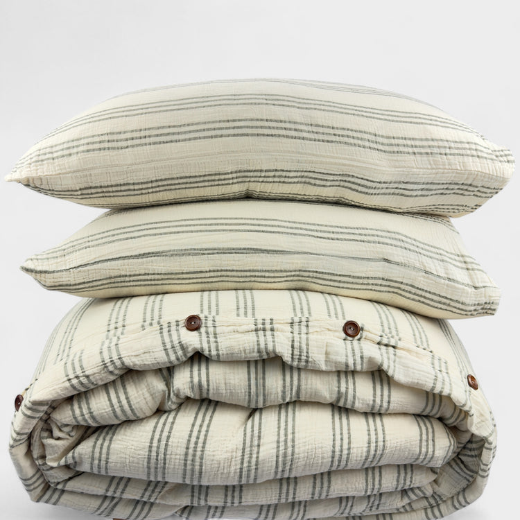 Zeep Naturals | Thin Striped Muslin Duvet/Comforter Sets Sage Green | Catskills-inspired artisan natural soaps, luxurious Turkish towels, bathrobes, throws, and bedding. Discover handmade coffee cups, milk dispensers, and olive wood kitchen utensils—crafted with care for your home