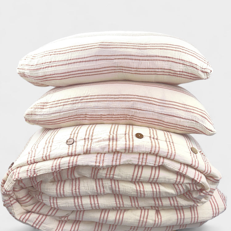 Zeep Naturals | Thin Striped Muslin Duvet/Comforter Sets Terra-cotta | Catskills-inspired artisan natural soaps, luxurious Turkish towels, bathrobes, throws, and bedding. Discover handmade coffee cups, milk dispensers, and olive wood kitchen utensils—crafted with care for your home