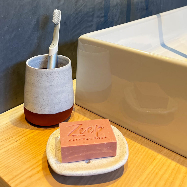 Zeep Naturals | Dardanelle Toothbrush Holders and Soap Coasters White | Catskills-inspired artisan natural soaps, luxurious Turkish towels, bathrobes, throws, and bedding. Discover handmade coffee cups, milk dispensers, and olive wood kitchen utensils—crafted with care for your home