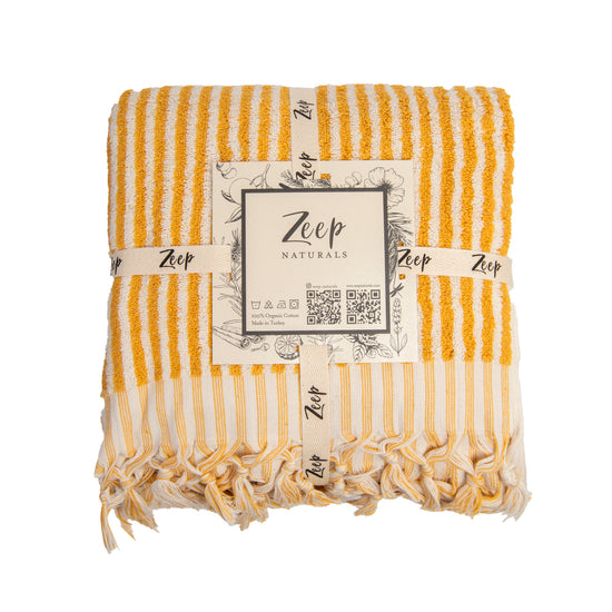 Zeep Naturals | Striped Towels Goldenrod Bath | Catskills-inspired artisan natural soaps, luxurious Turkish towels, bathrobes, throws, and bedding. Discover handmade coffee cups, milk dispensers, and olive wood kitchen utensils—crafted with care for your home