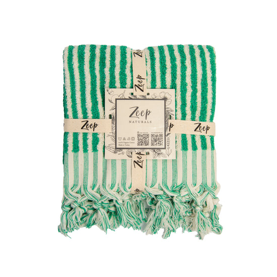 Zeep Naturals | Striped Towels Forest Hand | Catskills-inspired artisan natural soaps, luxurious Turkish towels, bathrobes, throws, and bedding. Discover handmade coffee cups, milk dispensers, and olive wood kitchen utensils—crafted with care for your home