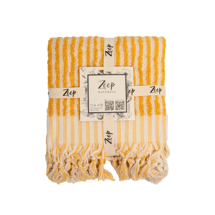 Zeep Naturals | Striped Towels Goldenrod Hand | Catskills-inspired artisan natural soaps, luxurious Turkish towels, bathrobes, throws, and bedding. Discover handmade coffee cups, milk dispensers, and olive wood kitchen utensils—crafted with care for your home