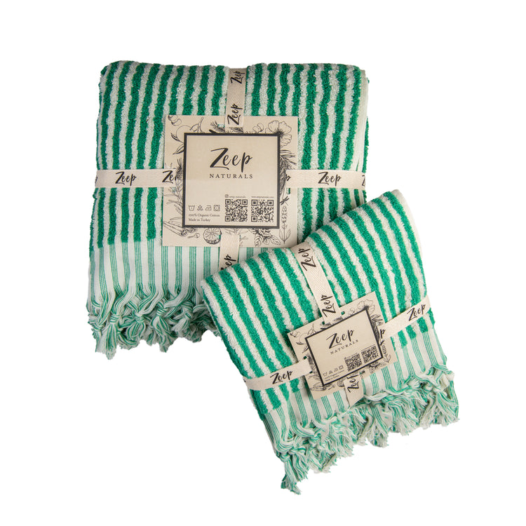 Zeep Naturals | Striped Towels Forest Set | Catskills-inspired artisan natural soaps, luxurious Turkish towels, bathrobes, throws, and bedding. Discover handmade coffee cups, milk dispensers, and olive wood kitchen utensils—crafted with care for your home