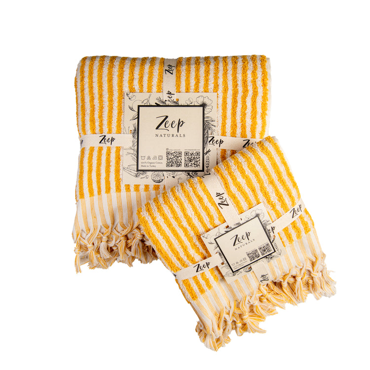 Zeep Naturals | Striped Towels Goldenrod Set | Catskills-inspired artisan natural soaps, luxurious Turkish towels, bathrobes, throws, and bedding. Discover handmade coffee cups, milk dispensers, and olive wood kitchen utensils—crafted with care for your home