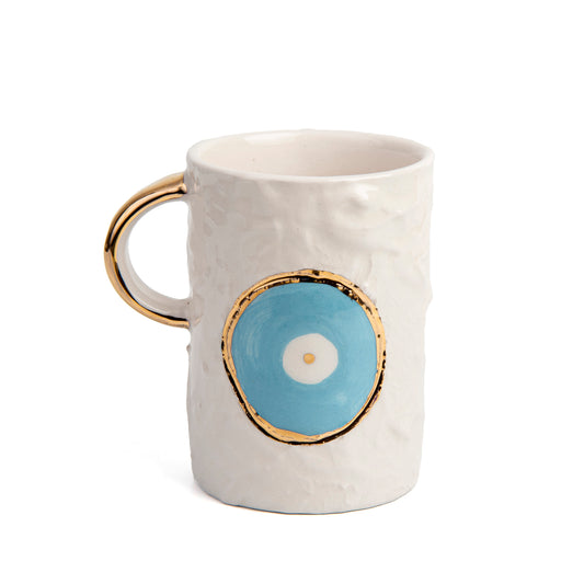 Zeep Naturals | White Ceramic Eternal Eye Coffee/Tea Cups | Catskills-inspired artisan natural soaps, luxurious Turkish towels, bathrobes, throws, and bedding. Discover handmade coffee cups, milk dispensers, and olive wood kitchen utensils—crafted with care for your home