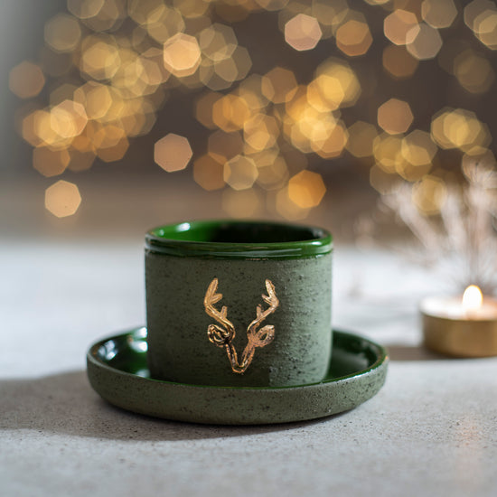 Zeep Naturals | Stoneware Handmade 2-Piece Espresso Cups Deer | Catskills-inspired artisan natural soaps, luxurious Turkish towels, bathrobes, throws, and bedding. Discover handmade coffee cups, milk dispensers, and olive wood kitchen utensils—crafted with care for your home