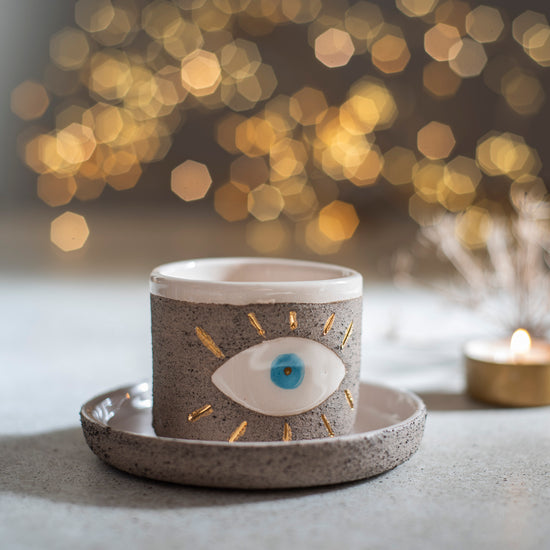 Zeep Naturals | Stoneware Handmade 2-Piece Espresso Cups Charming Eye | Catskills-inspired artisan natural soaps, luxurious Turkish towels, bathrobes, throws, and bedding. Discover handmade coffee cups, milk dispensers, and olive wood kitchen utensils—crafted with care for your home