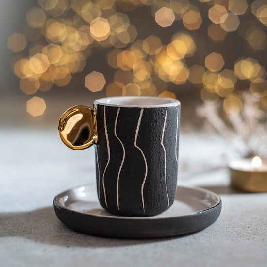 Zeep Naturals | Stoneware Handmade 2-Piece Slim Espresso Cups Irregular Stripes | Catskills-inspired artisan natural soaps, luxurious Turkish towels, bathrobes, throws, and bedding. Discover handmade coffee cups, milk dispensers, and olive wood kitchen utensils—crafted with care for your home