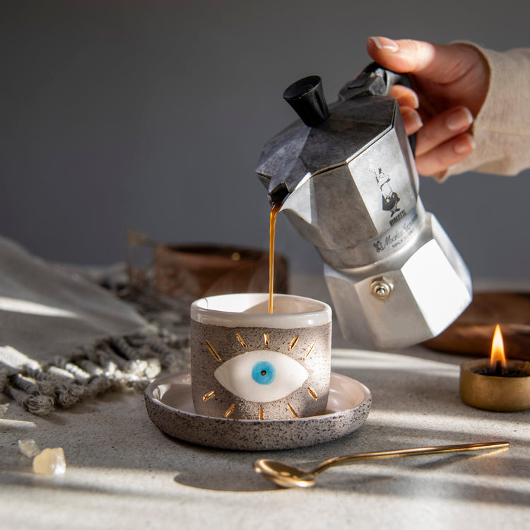 Zeep Naturals | Stoneware Handmade 2-Piece Espresso Cups Charming Eye | Catskills-inspired artisan natural soaps, luxurious Turkish towels, bathrobes, throws, and bedding. Discover handmade coffee cups, milk dispensers, and olive wood kitchen utensils—crafted with care for your home