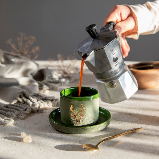 Zeep Naturals | Stoneware Handmade 2-Piece Espresso Cups Deer | Catskills-inspired artisan natural soaps, luxurious Turkish towels, bathrobes, throws, and bedding. Discover handmade coffee cups, milk dispensers, and olive wood kitchen utensils—crafted with care for your home