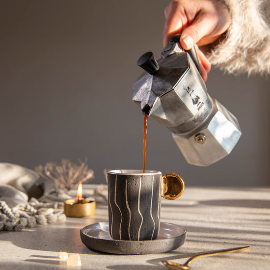 Zeep Naturals | Stoneware Handmade 2-Piece Slim Espresso Cups Irregular Stripes | Catskills-inspired artisan natural soaps, luxurious Turkish towels, bathrobes, throws, and bedding. Discover handmade coffee cups, milk dispensers, and olive wood kitchen utensils—crafted with care for your home