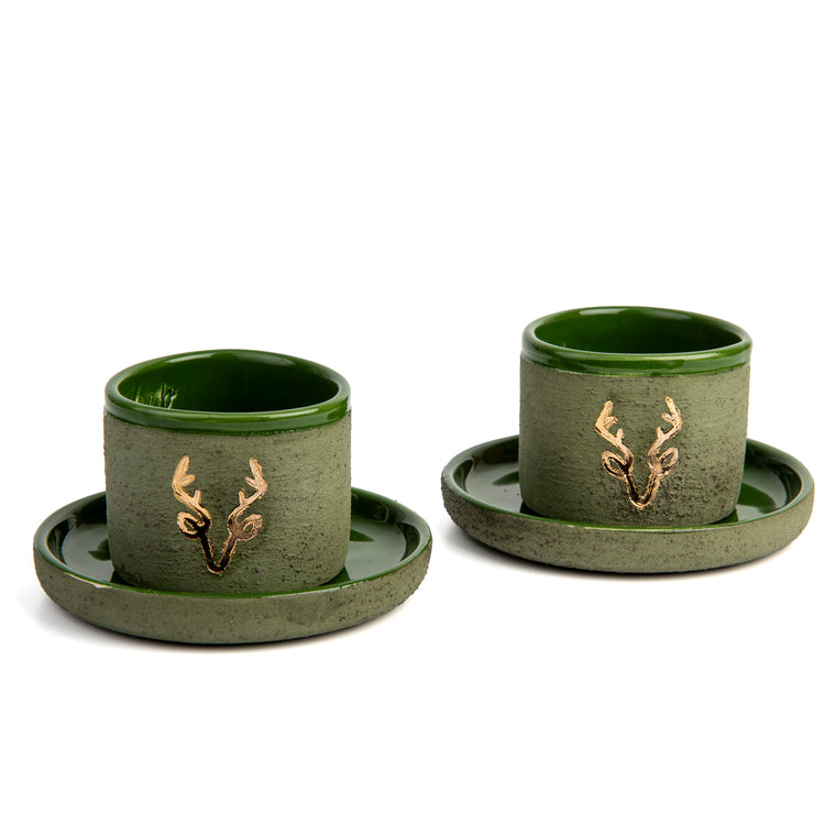 Zeep Naturals | Stoneware Handmade 2-Piece Espresso Cups Deer | Catskills-inspired artisan natural soaps, luxurious Turkish towels, bathrobes, throws, and bedding. Discover handmade coffee cups, milk dispensers, and olive wood kitchen utensils—crafted with care for your home