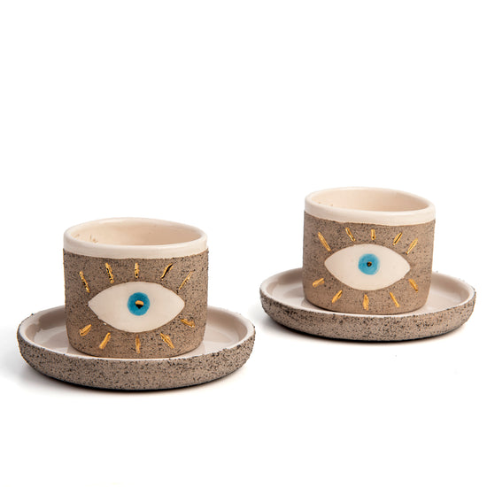 Zeep Naturals | Stoneware Handmade 2-Piece Espresso Cups Charming Eye | Catskills-inspired artisan natural soaps, luxurious Turkish towels, bathrobes, throws, and bedding. Discover handmade coffee cups, milk dispensers, and olive wood kitchen utensils—crafted with care for your home