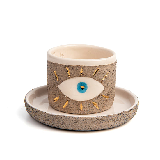 Zeep Naturals | Stoneware Handmade 2-Piece Espresso Cups Charming Eye | Catskills-inspired artisan natural soaps, luxurious Turkish towels, bathrobes, throws, and bedding. Discover handmade coffee cups, milk dispensers, and olive wood kitchen utensils—crafted with care for your home