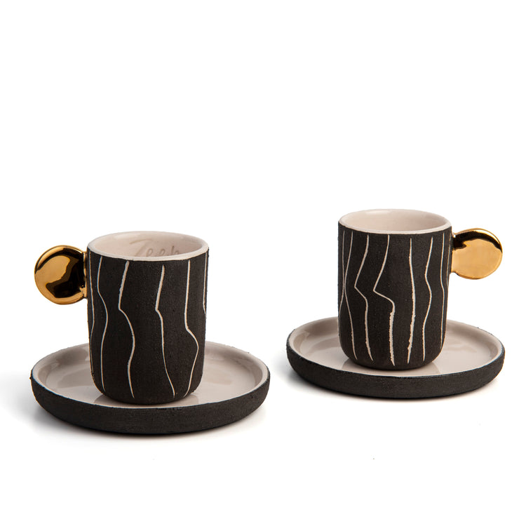 Zeep Naturals | Stoneware Handmade 2-Piece Slim Espresso Cups Irregular Stripes | Catskills-inspired artisan natural soaps, luxurious Turkish towels, bathrobes, throws, and bedding. Discover handmade coffee cups, milk dispensers, and olive wood kitchen utensils—crafted with care for your home