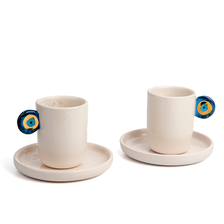 Zeep Naturals | Ceramic Handmade 2-Piece Slim Espresso Cups Evil Eye Handle | Catskills-inspired artisan natural soaps, luxurious Turkish towels, bathrobes, throws, and bedding. Discover handmade coffee cups, milk dispensers, and olive wood kitchen utensils—crafted with care for your home