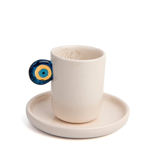 Zeep Naturals | Ceramic Handmade 2-Piece Slim Espresso Cups Evil Eye Handle | Catskills-inspired artisan natural soaps, luxurious Turkish towels, bathrobes, throws, and bedding. Discover handmade coffee cups, milk dispensers, and olive wood kitchen utensils—crafted with care for your home