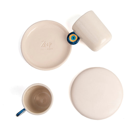 Zeep Naturals | Ceramic Handmade 2-Piece Slim Espresso Cups Evil Eye Handle | Catskills-inspired artisan natural soaps, luxurious Turkish towels, bathrobes, throws, and bedding. Discover handmade coffee cups, milk dispensers, and olive wood kitchen utensils—crafted with care for your home